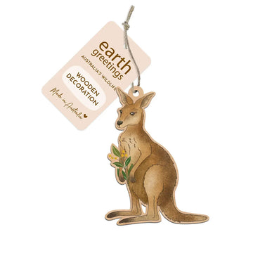 Decorative kangaroo ornament with 'Earth Greetings' tag on a white background.