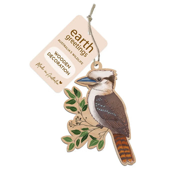 Wooden kookaburra decoration with 'Earth Greetings' tag on a white background.