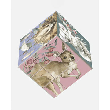 A Rubik's style cube printed with Australian animals on each side including a kangaroo and koala.