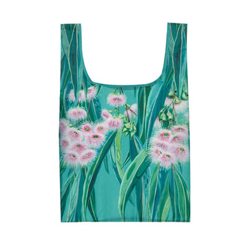 Reusable shopping bag with floral design on a white background.