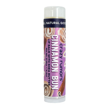 A tube of lip balm with the text 'Cinnamon Bun' and images of cinnamon buns.
