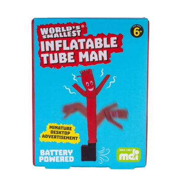 A box titled 'World's Smallest Inflatable Tube Man' with a picture of the the inflatable man in red on a blue background.