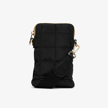 A phone shaped bag in a black quilted pattern.