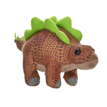 A stegosaurus shaped soft toy in brown and green.