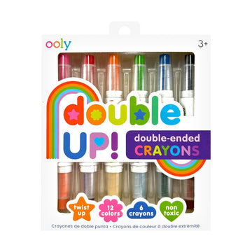 A set of 6 double ended crayons in a white box with a large cut out window and the heading 'double up! double-ended crayons'.