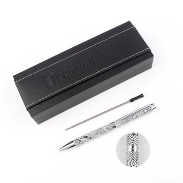 A black pen box with a black and white printed pen next to it with the ink lying seperate.