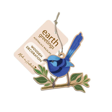 Blue bird decoration with 'earth greetings' tag on a white background.