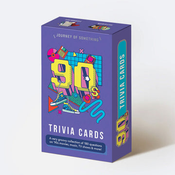 A box titled '90s Trivia Cards' with illustrations of 90s objects including high top sneakers, a floppy disc, a CD and a gameboy.