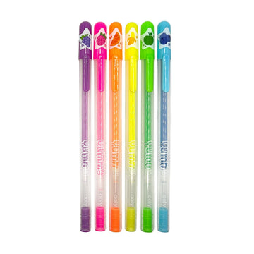 A set of 6 neon gel pens in a box with a cut out window and the heading 'Yummy Yummy 6 scented neon gel pens. There is one pen laying in front of the box.