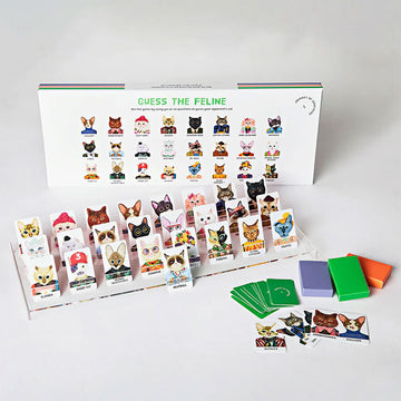 A guessing game set up with illustrated cats on each card.