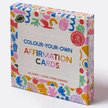 A square box titled 'Colour You Own Affirmation Cards' with a colourful abstract border.