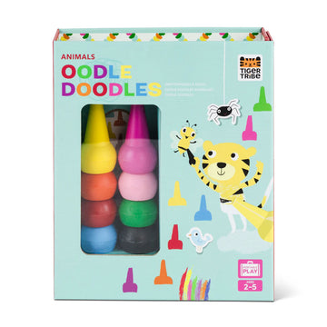 Box titled 'Animals Oodle Doodles' with colorful crayons and a tiger illustration on a light blue background.