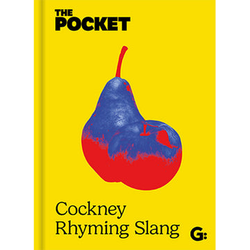 'The Pocket Cockney Rhyming Slang' book cover featuring an image of a red and blue pear and apple on a yellow background.