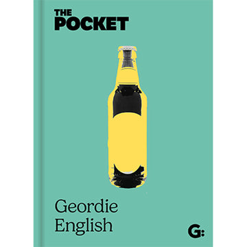 'The Pocket Geordie English' book cover featuring a picture of a yellow and black bottle on a green background.
