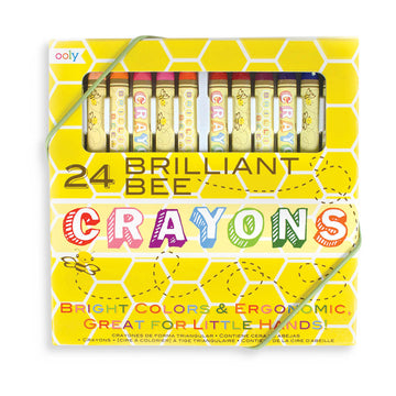 A set of crayons in a yellow box with the heading '24 Brilliant Bee Crayons' and a cut out showing the crayons inside.
