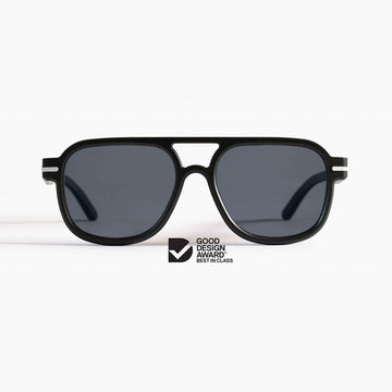 Black sunglasses with a Good Design Award logo on a white background.