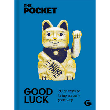 'The Pocket Good Luck' book cover featuring a picture of a lucky cat in gold on a blue background.