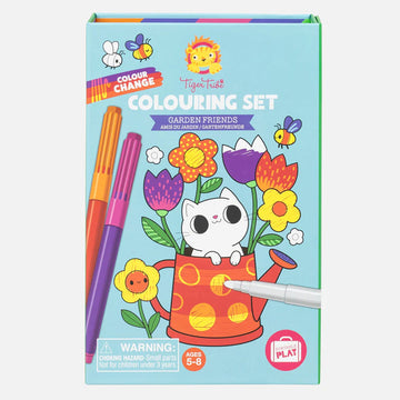 A set titled 'Tiger Tribe Colouring Set' with an illustration of a cat and flowers inside a watering can which has been coloured.