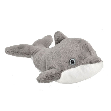 A dolphin shaped soft toy in grey and white.