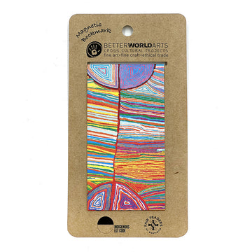 A magnetic bookmark printed with artwork by Judy Watson attached to a brown card.