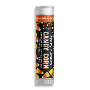 A tube of lip balm with the text 'Candy Corn' and images of candy corns.