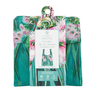 Reusable shopping bag with floral design on a white background.