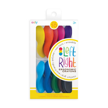 A set of 10 crayons in a wavy ergonomic shape in a box with a clear window.