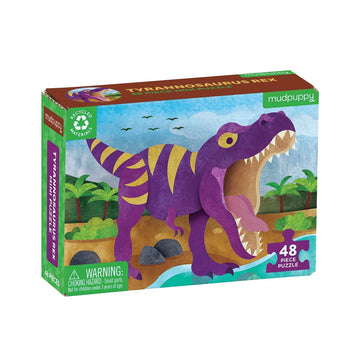 A puzzle box with an illustration of a purple T rex on the front.