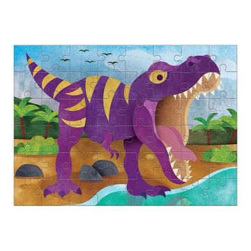 A puzzle box with an illustration of a purple T rex on the front.