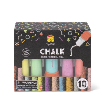 Box of Tiger Tribe chalk with colourful chalks inside on a white background.