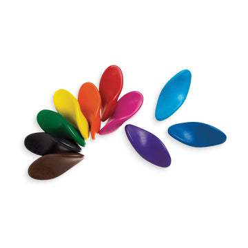 A set of 10 crayons in a wavy ergonomic shape in a box with a clear window.