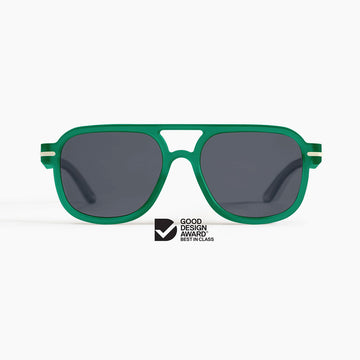 A pair of green sunglasses with the Good Design Award logo.