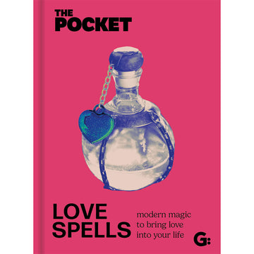 'The Pocket Love Spells' book cover featuring a picture of a potion bottle on a pink background.