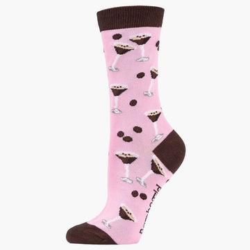 A pink sock with a brown heel, toe and cuff and printed with espresso martinis.