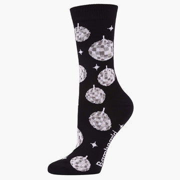 A black sock printed with illustrations of disco balls.
