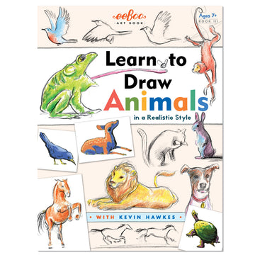 'Learn to Draw Animals in a Realistic Style' book cover featuring illustrations of different animals including a frog, lion, cat and dog.