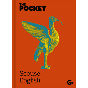 'The Pocket Scouse English' book cover featuring a picture of a bird statue in yellow and blue on an orange background.