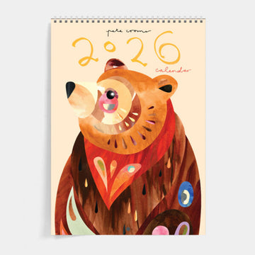 Calendar with a colorful bear illustration on a light background.