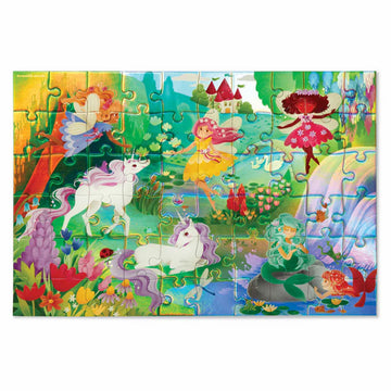Puzzle box with colorful illustration of fairies and unicorns on a white background.