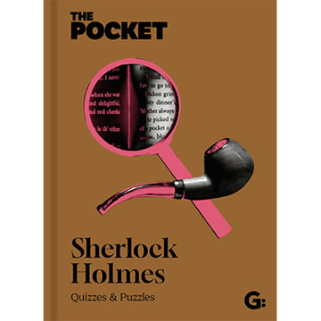 'The Pocket Sherlock Holmes' book cover featuring a picture of a magnifying glass and a smoke pipe on a brown background.