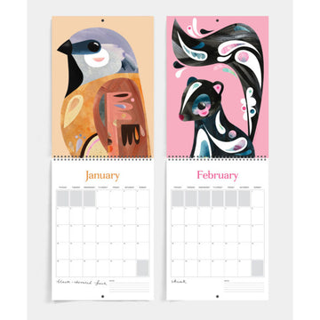 Calendar with a colorful bear illustration on a light background.