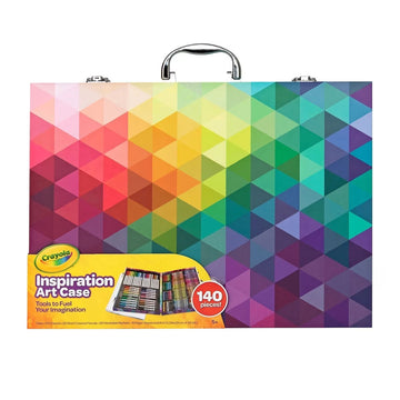An art case with a rainbow geometric pattern on the front and a small product label in the corner.
