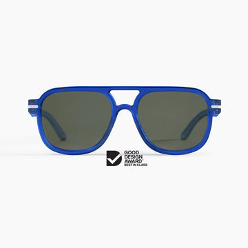 Blue sunglasses with dark lenses on a white background, featuring a Good Design Award logo.