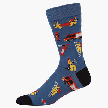 A dark blue sock with a black heel and toe illustrated with fire fighters and trucks.