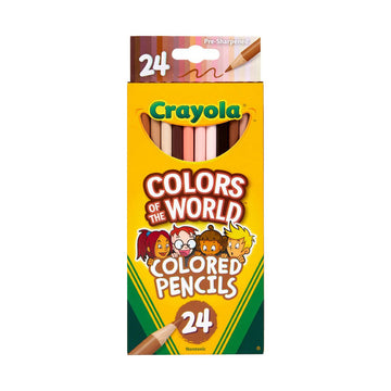 A set of coloured pencils in a packet titled 'Colors of the World' representing different skin tones.