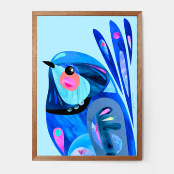 A framed print of an illustration of a blue fairy wren.
