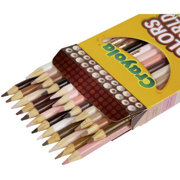 A set of coloured pencils in a packet titled 'Colors of the World' representing different skin tones.
