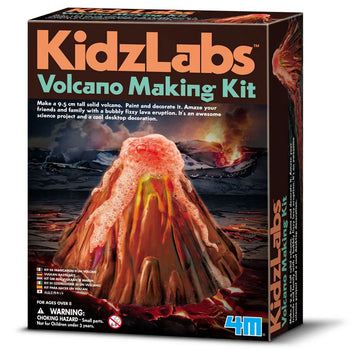 A box titled 'Volcano Making Kit' with a picture of a volcano toy and photos of lava and eruptions in the background.
