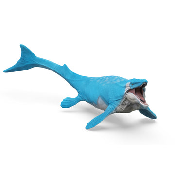 Blue and gray toy mosasaurus dinosaur on a white background