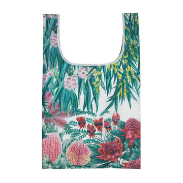 A reusable shopping bag printed with flowers.